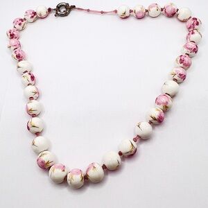 Vintage White Floral Glass Beaded Necklace Pink Rose Ceramic Beads Toggle